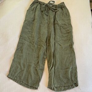 Italian Linen Olive Green Drawstring Wide-Leg Pants